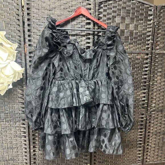 ASOS Luxe Black Square Neck Tiered Polka Dot Fit & Flare Dress Size US 10 NWOT - Picture 3 of 10